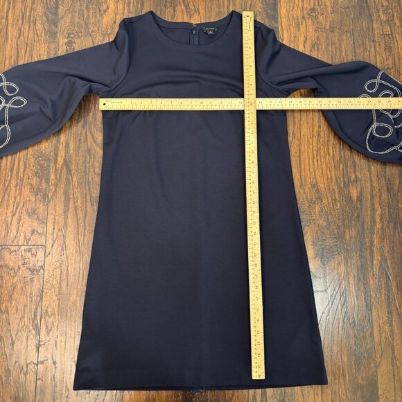 Ann Taylor Shift Dress Medium Navy Blue Embroidered Sleeves Ponte Knit Stretch - Picture 8 of 12